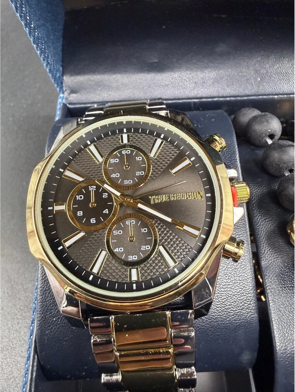 True Religion Black Gold Watch & 3 Bracelet Set w/ Box